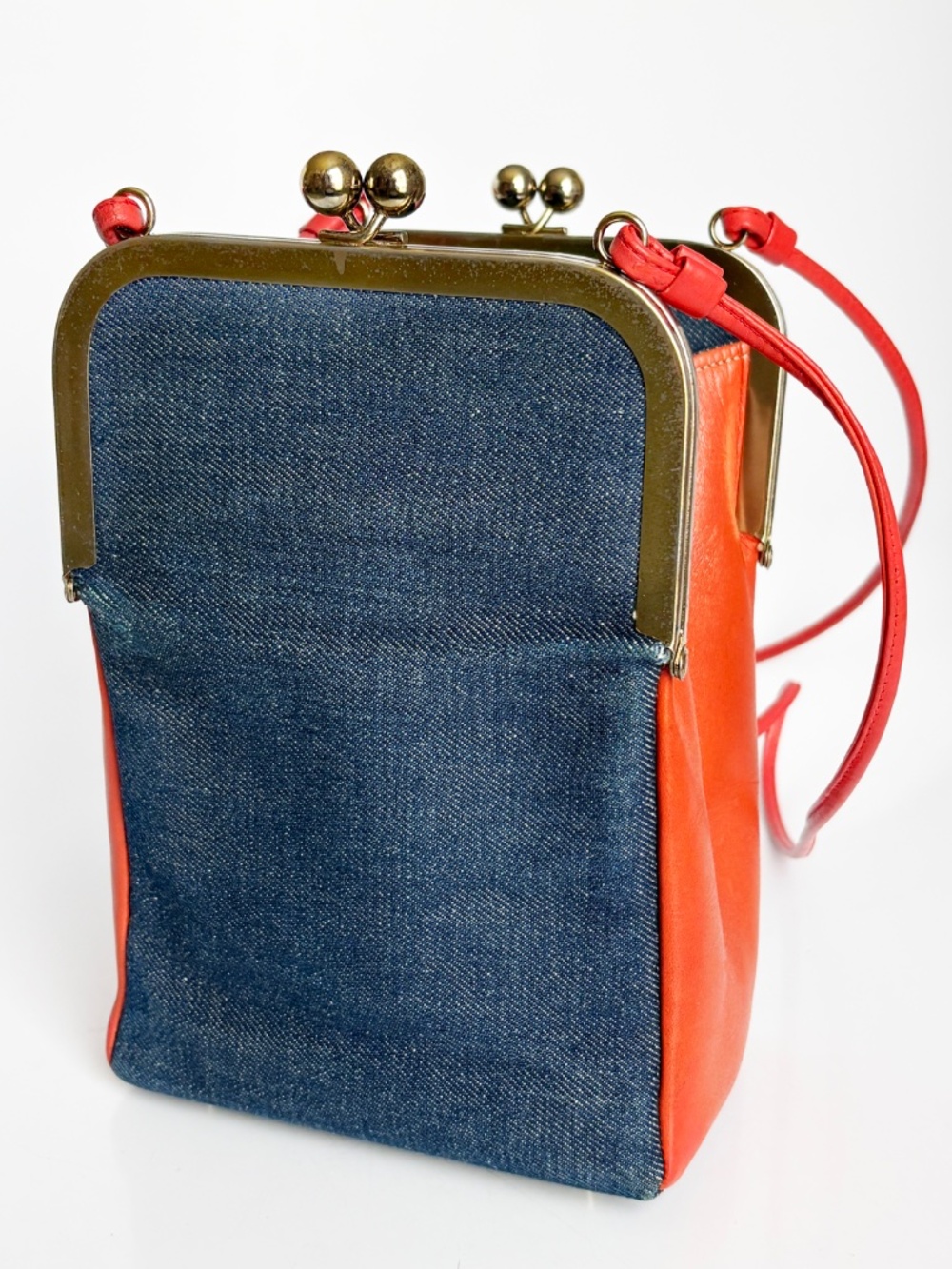 1970s Bonnie Cashin for Coach Red Leather Denim Double Entry Swinger Bag Rare - Picture 10 of 17